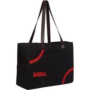 Black Canvas Baseball Mom Tote Bag with Red Stitching and Embroidery, Large Spor